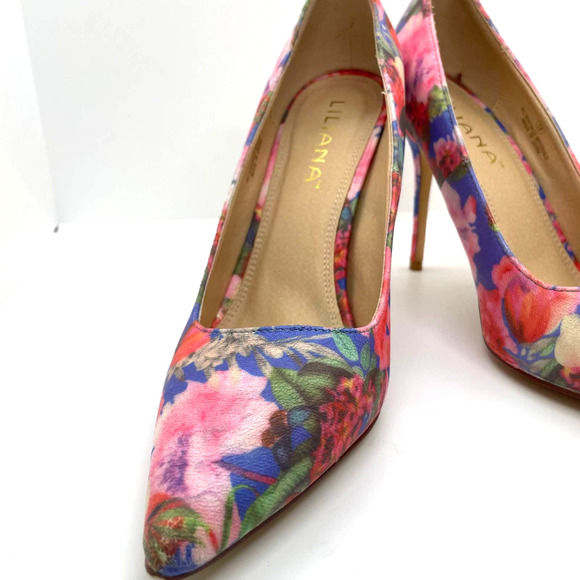 Liliana Pink Blue Jane Floral Closed Pointed Toe Heel Stiletto Size 9 - Picture 2 of 12